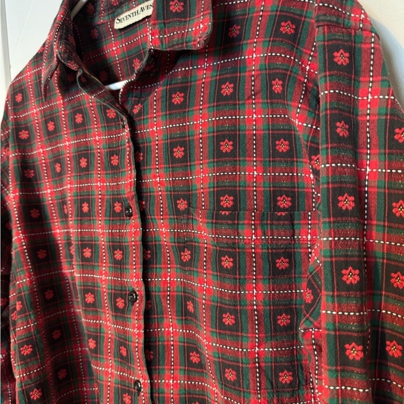 Seventh Avenue Red & Green Plaid Poinsettia Christmas Button Down Shirt 1X - Picture 5 of 7